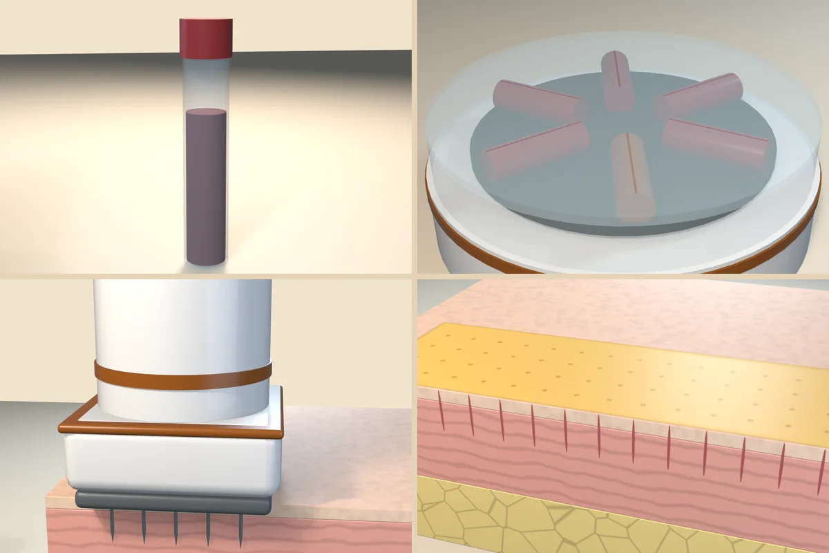Four stages of one session in order: a filled blood tube, a centrifuge with its lid closed, a needle cartridge pressed to a skin section, and golden plasma spread on the needled surface