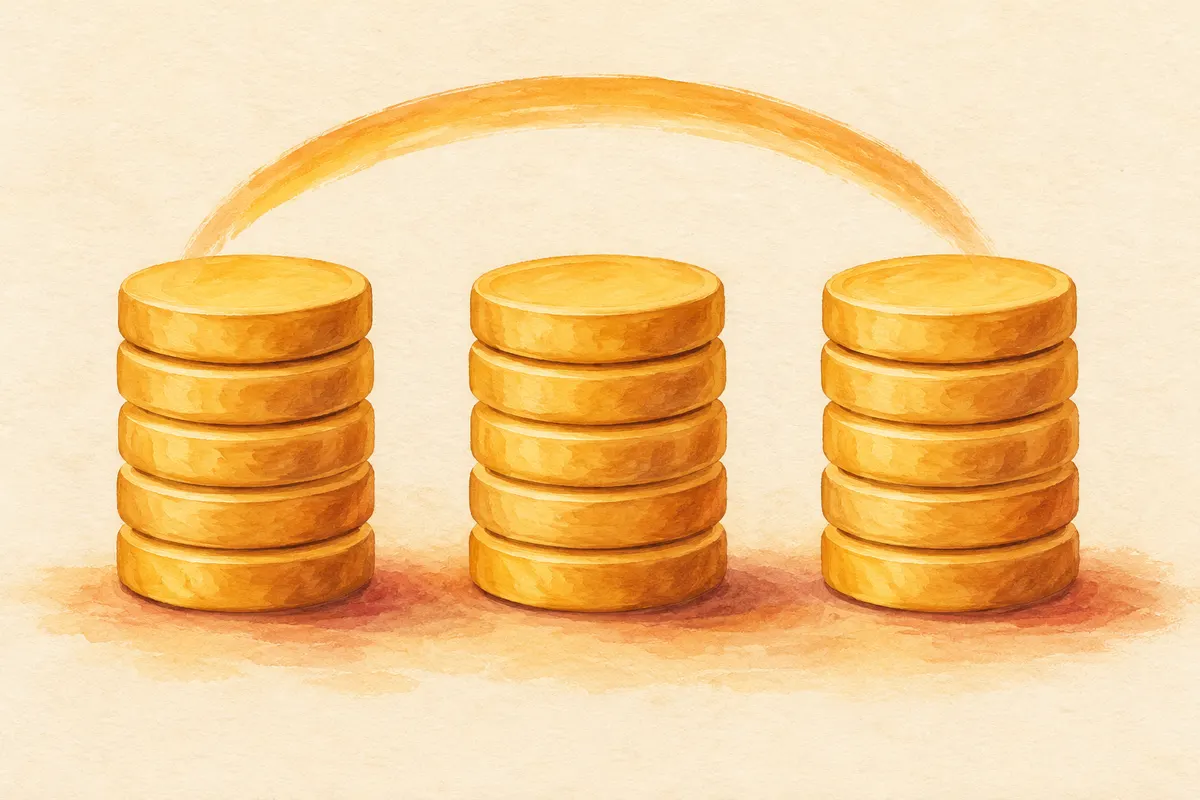 Three equal stacks of plain honey-coloured discs joined by a soft arc above them