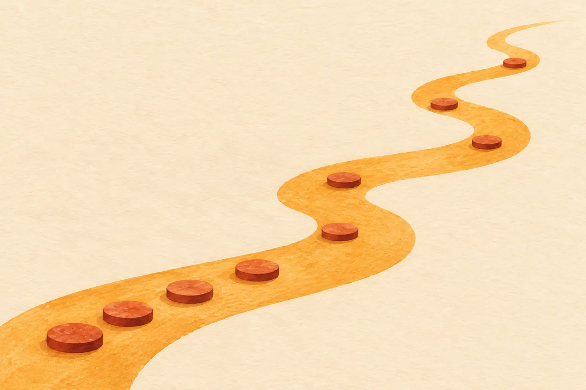 A gently rising amber path across cream paper with small resting points that grow further apart as it climbs