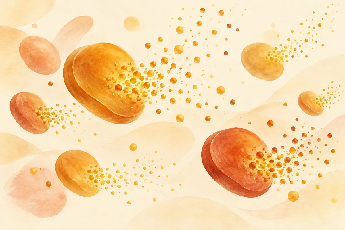 Small rounded amber shapes releasing tiny golden dots into a soft cream space