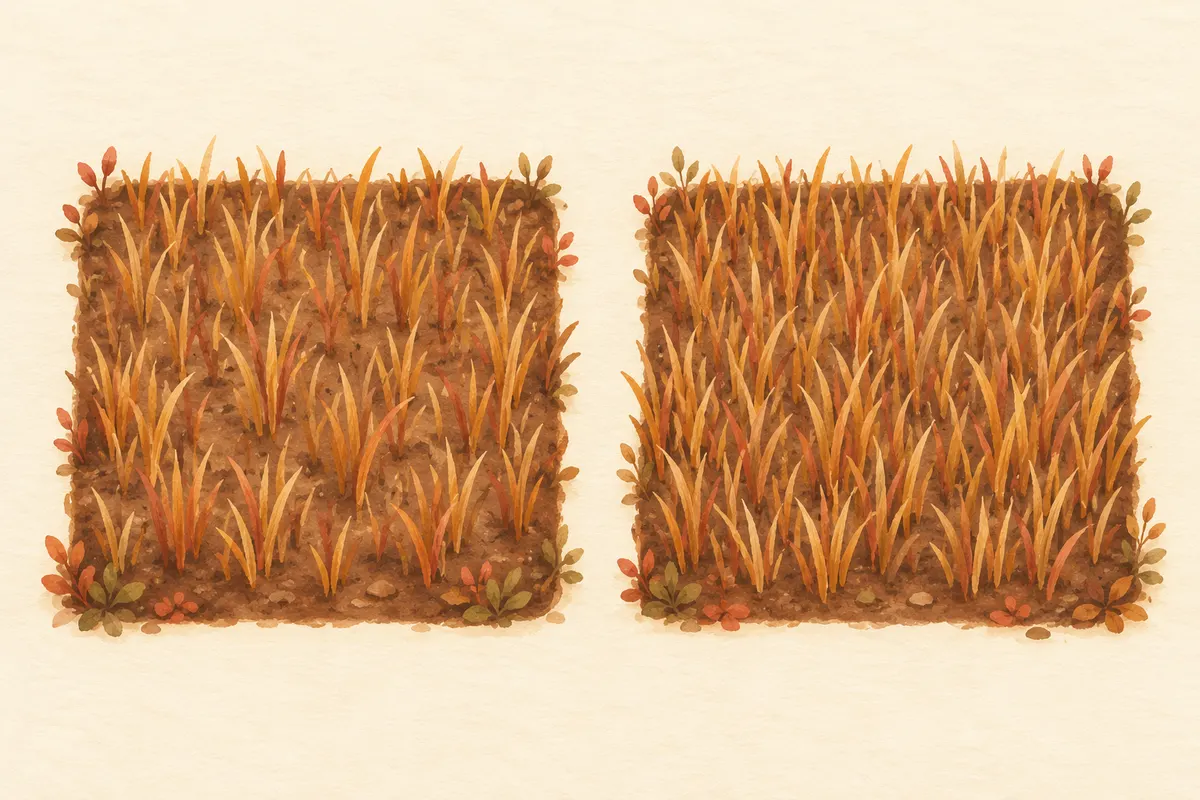 Two square plots of slender amber strokes side by side, the right plot slightly denser than the left