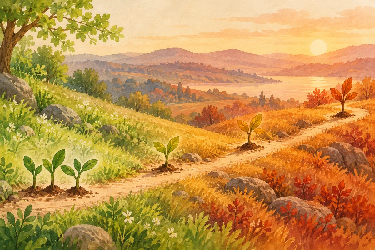 Three young sprouts planted close together on a hill, then a few more spaced widely along a path that changes from spring green to autumn amber