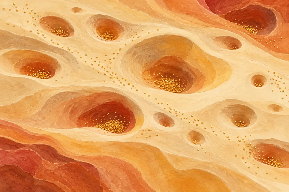 A pale sand-like surface with small rounded hollows where golden dots gather