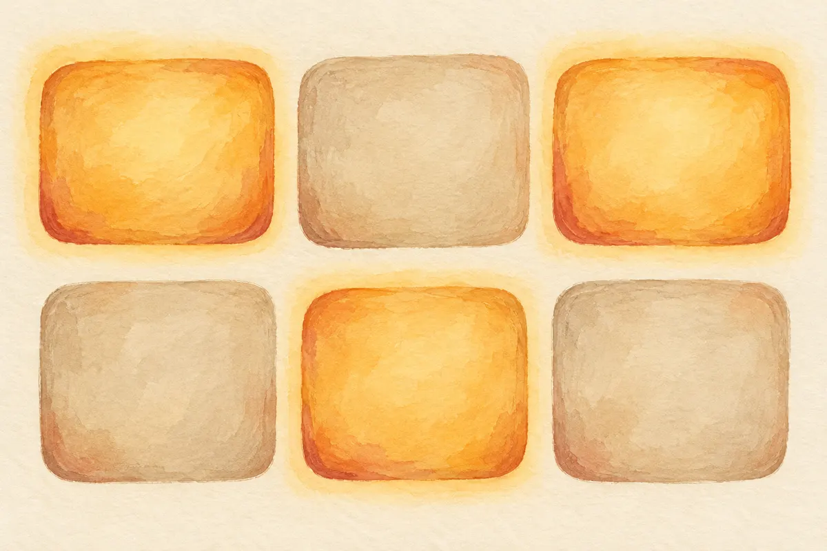 Six rounded tiles in two rows on a cream background, three glowing amber and three muted