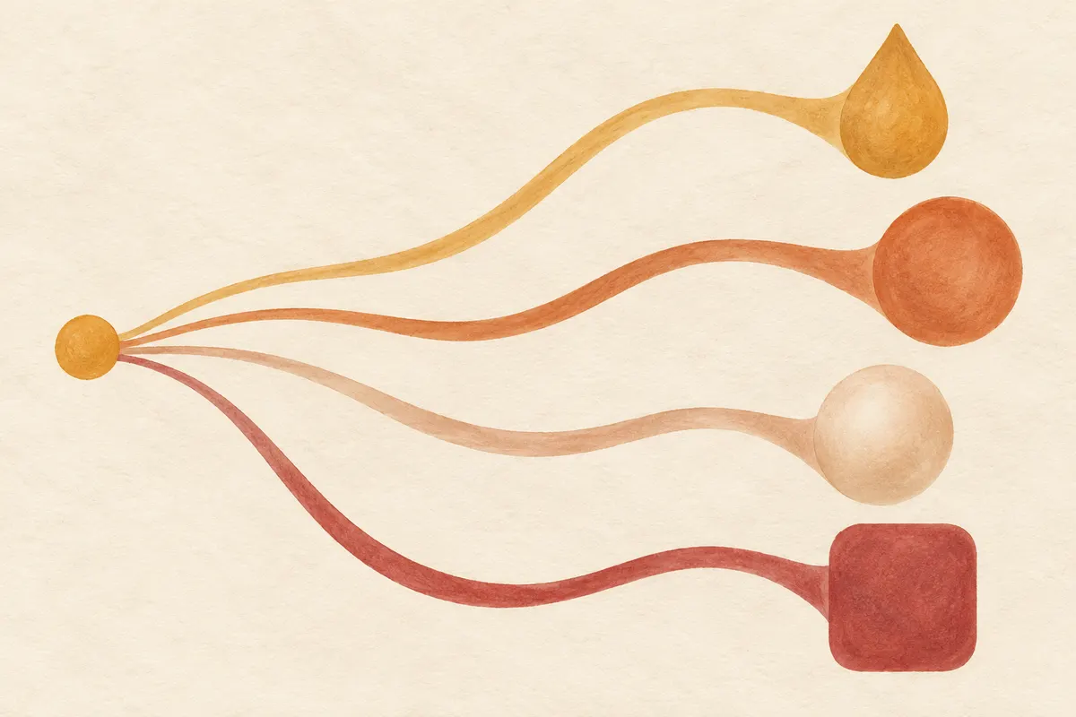 Four soft paths branching from one point to four rounded shapes in different warm tones
