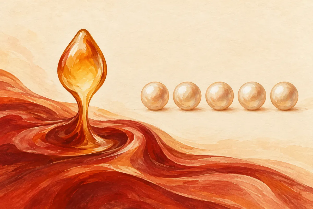 A warm amber droplet rising from a soft red stream beside a neat row of identical pearl-like spheres