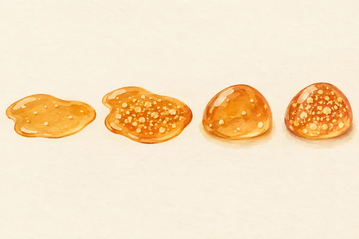 Four small amber forms in a row: two liquid pools and two firmer gel shapes, each dotted with few or many pale specks
