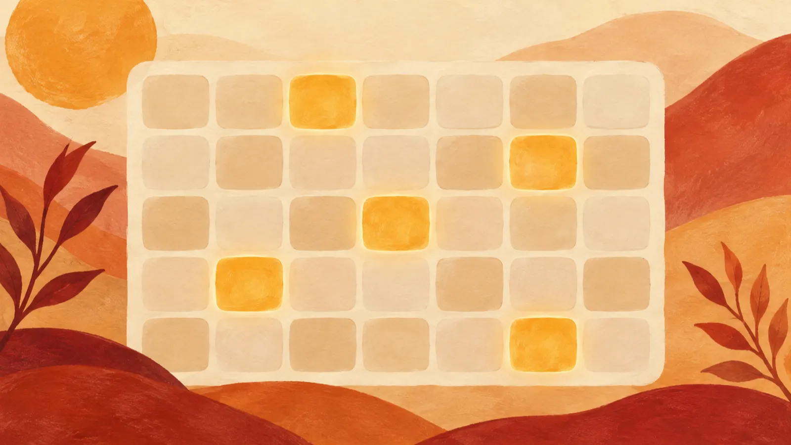 A grid of plain rounded tiles with a few glowing amber at regular intervals