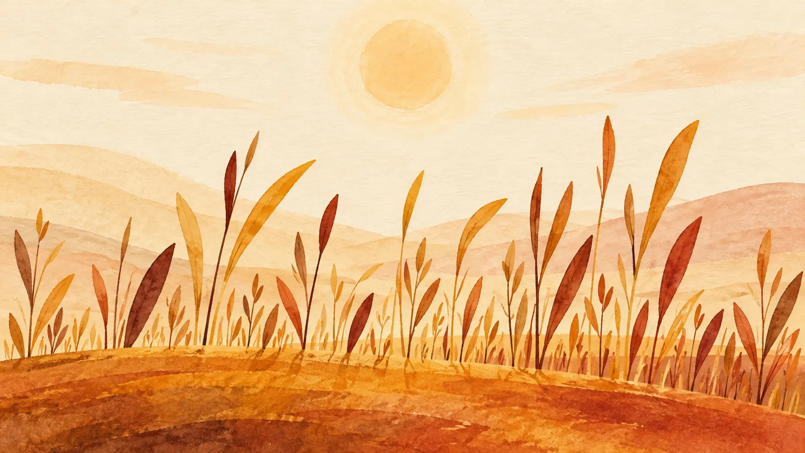 Slender amber and brown strokes rising from a curved horizon like young grass