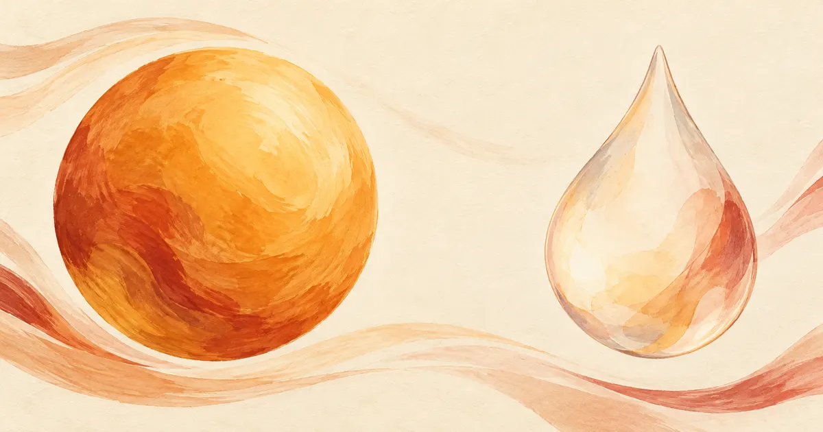 An amber disc and a translucent droplet facing each other
