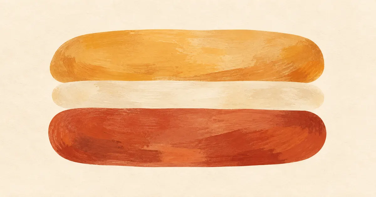 Three rounded bands of terracotta, cream and gold stacked in the centre
